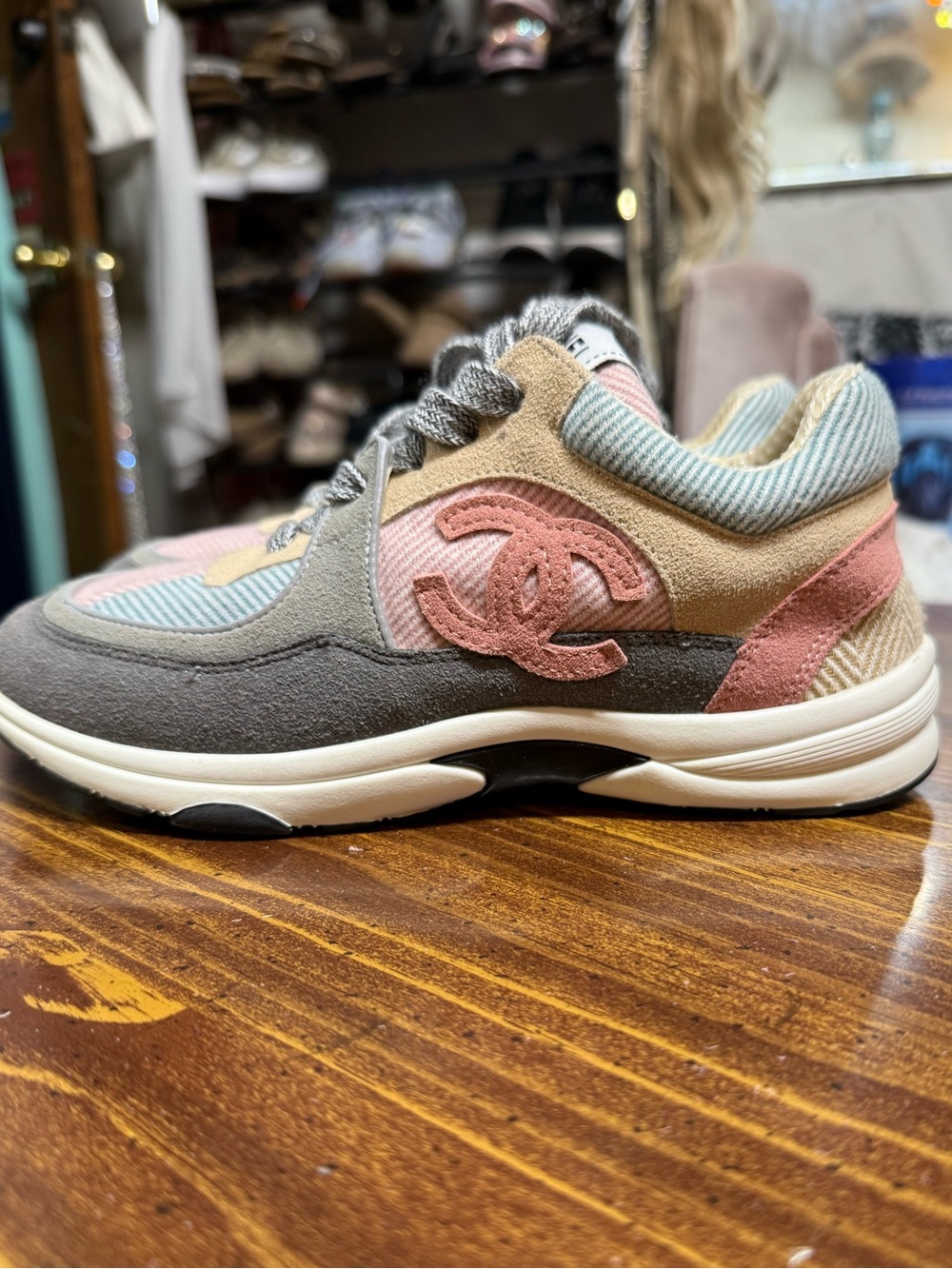 CHANEL Pink, Gray & Beige Suede CC Logo Sneaker